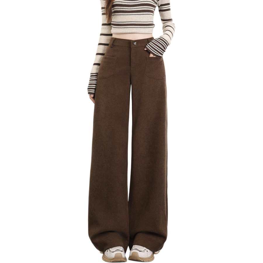 Tonlion Casual Pants Women's Coffee Thickened And Fleece Lined Wide Leg Pants