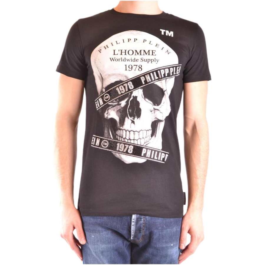 PHILIPP PLEIN T Shirts Men's Black Crew Neck Moderate Straight Fit