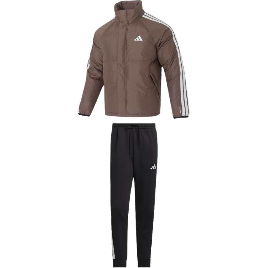 Adidas Adidas Casual Sportswear Men's Set Brown Top+Black Bottom Stand Collar Moderate
