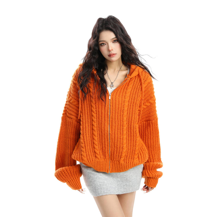NEVER RULE Knitwear Unisex Orange Hooded Moderate Cardigan