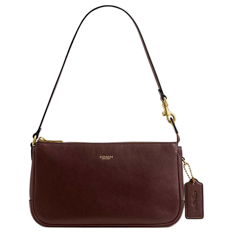 COACH Plaza Leather Shoulder Bag Small Women's Brass With Maple