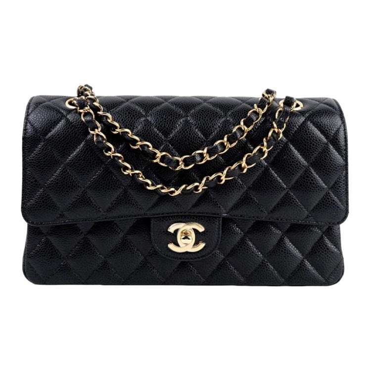 CHANEL CHANEL Classic Double Flap Quilted Caviar Gold-tone Medium Black