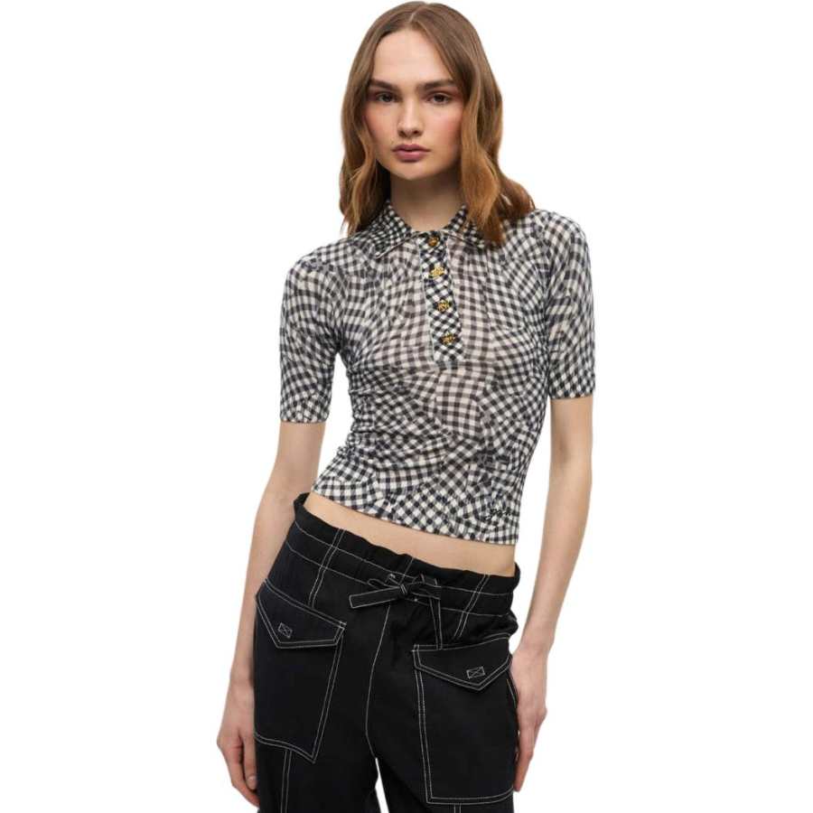 Ganni Sheer Printed Checked Polo Shirt