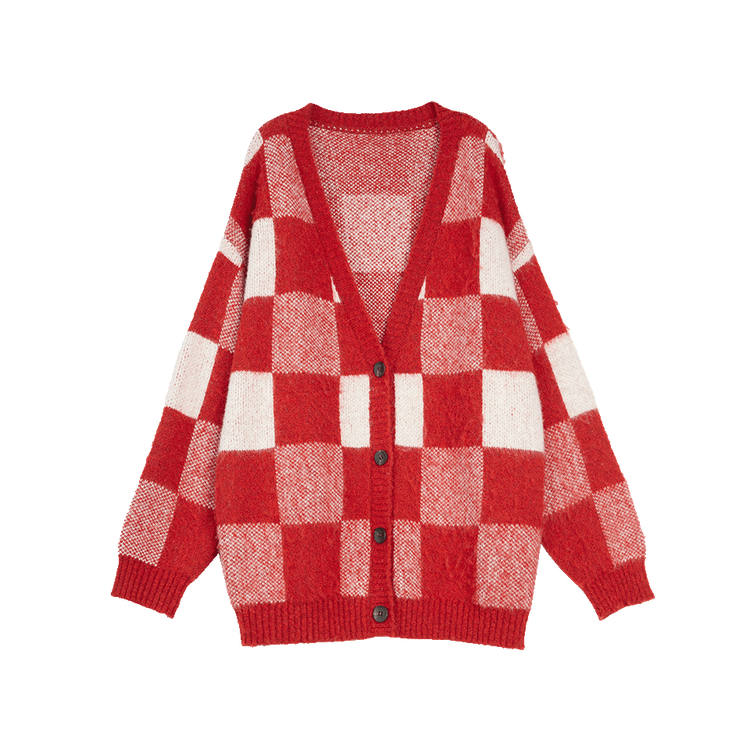 ELLE Knitwear Women's Red V Neck Moderate Cardigan