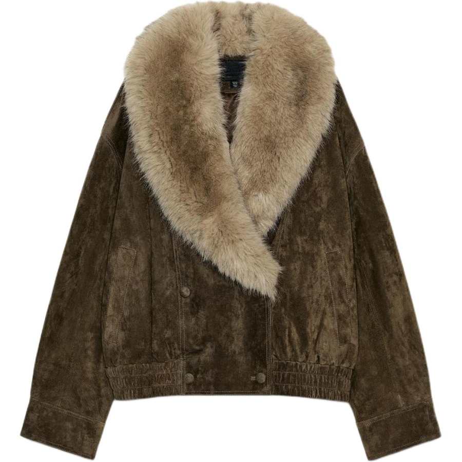ZARA Leather Jackets Women's Khaki Lapel Moderate