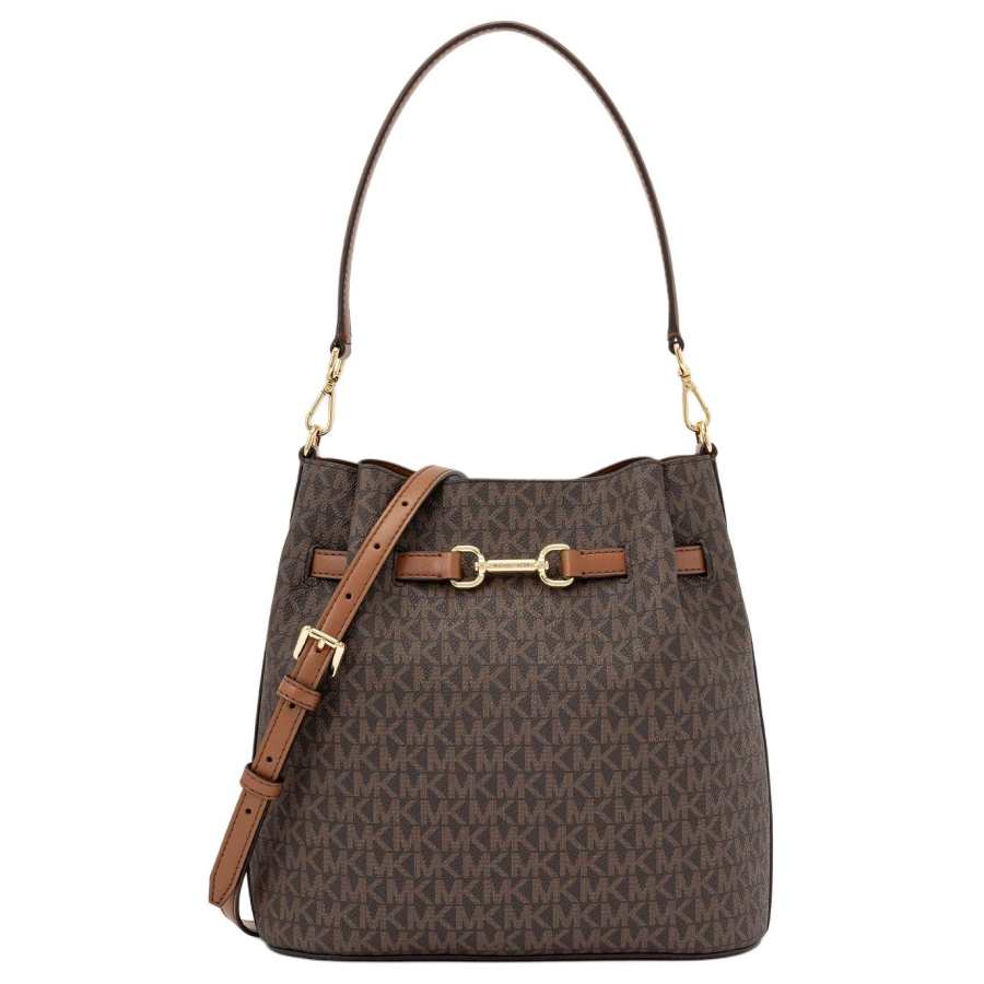 MICHAEL KORS Carson Coated Canvas Bucket Bag, One Shoulder Handbag Medium Women's Brown