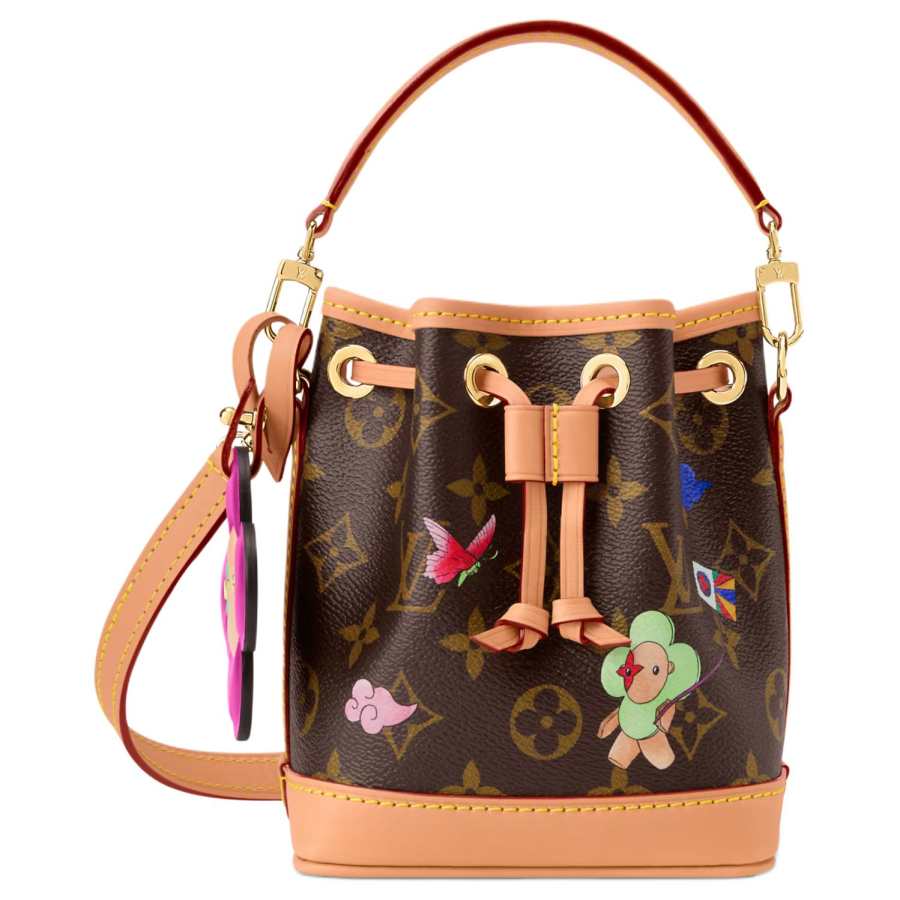 LOUIS VUITTON Coated Canvas Bucket Bag, One Shoulder Handbag Women's Brown & Pink