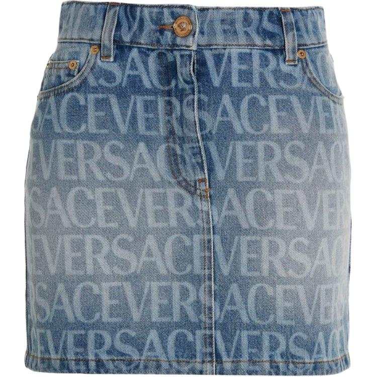VERSACE VERSACE Allover Logo Printed Denim Mini Skirt