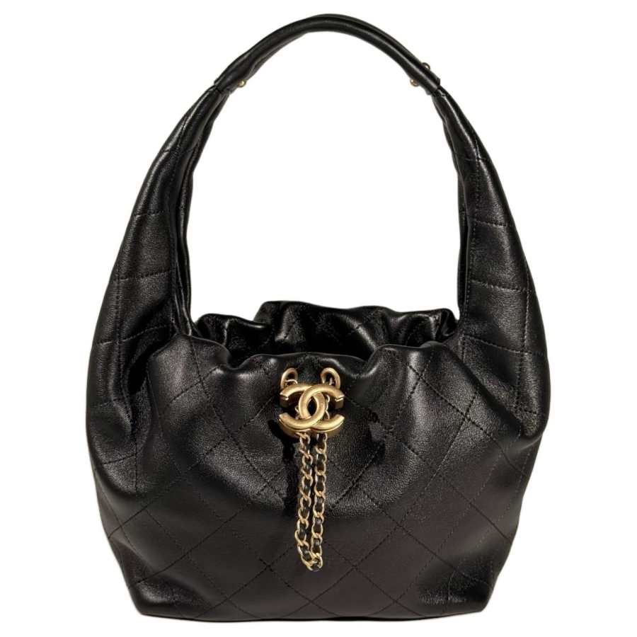 CHANEL HOBO Cow Leather Hobo Handbag Women's Black