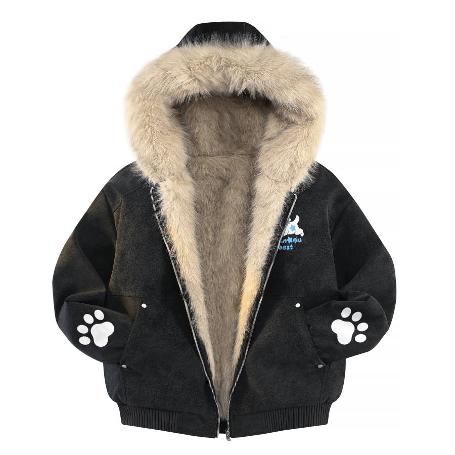HUANQIU Puffer Jackets Unisex Fur Collar Fleece Lined Puffer Jacket