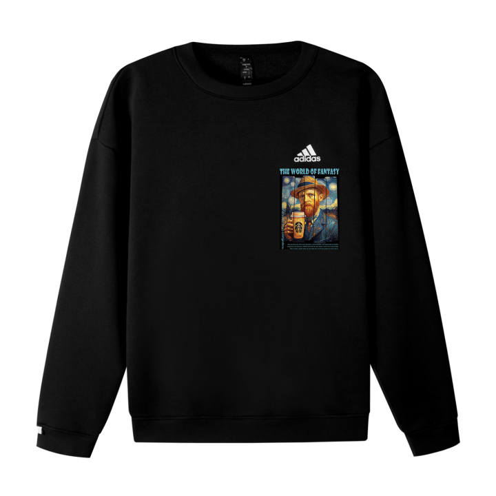 Adidas Adidas LABEL Fleece Lined Van Gogh Coffee Logo Printed Pattern Crew Neck Loose Fit Drop Shoulder Pullover Long Sleeved
