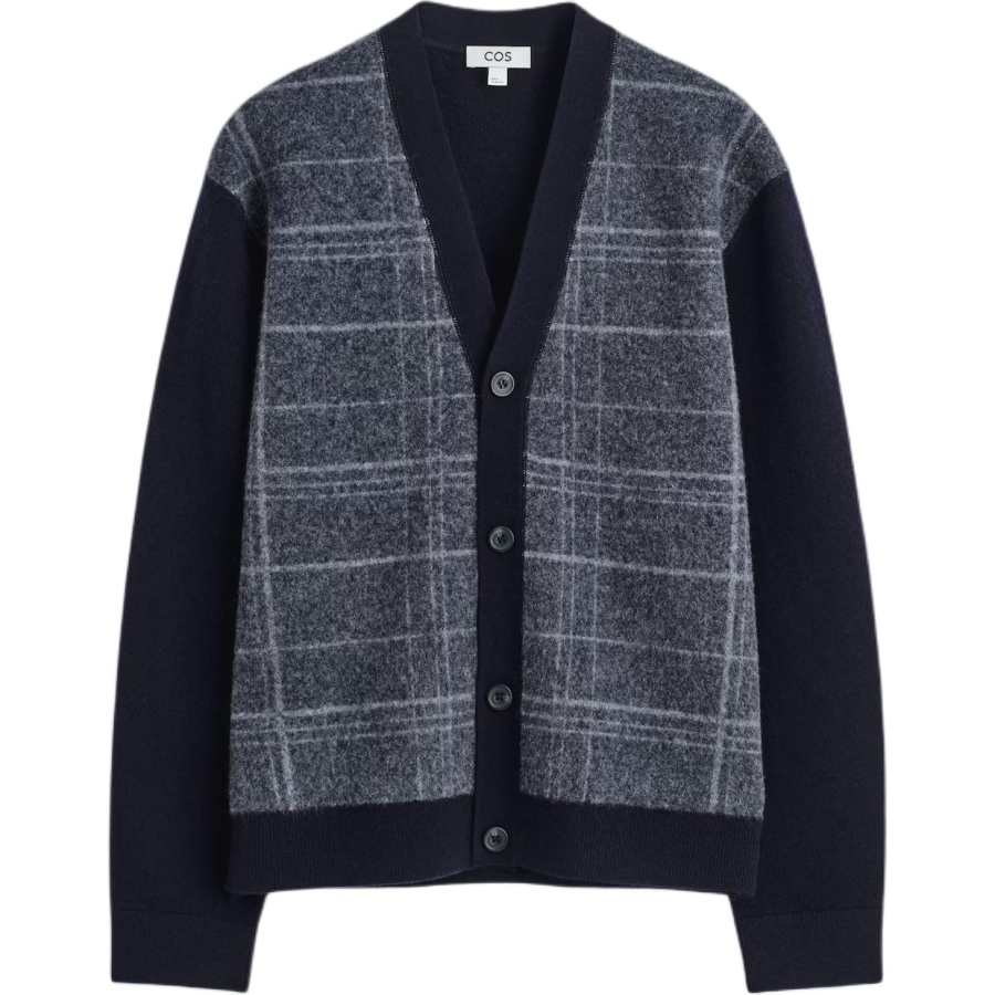 COS Knitwear Men's Marine Blue/Plaid V Neck Moderate Cardigan