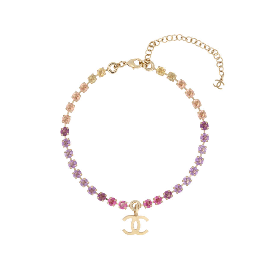 CHANEL Double C Metal And Rhinestone Necklaces Women's Gold/Pink