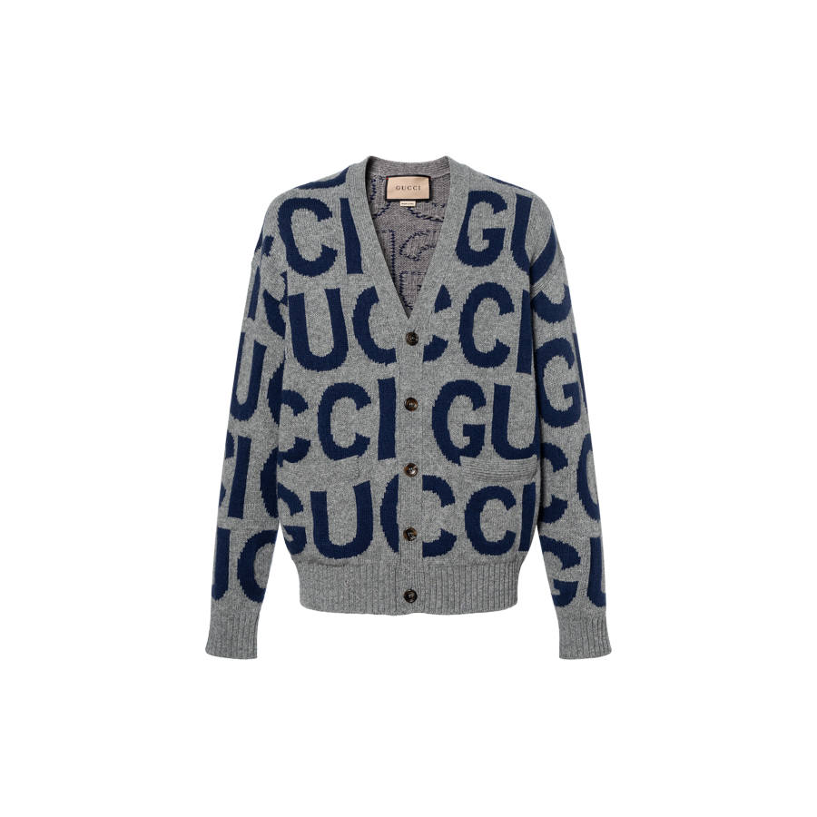 GUCCI Logo Intarsia Button Up Cardigan