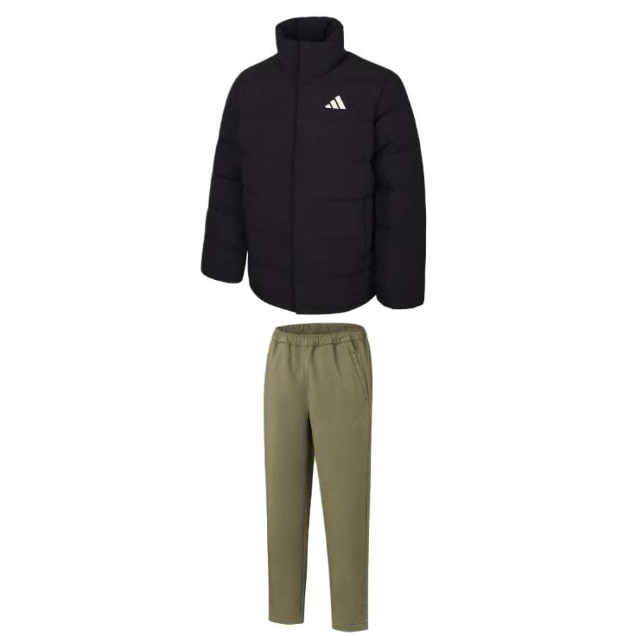 Adidas Adidas Casual Sportswear Men's Set Black Top+Olive Green Bottom Stand Collar Moderate