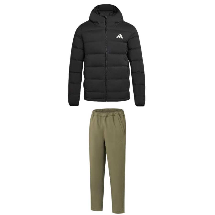 Adidas Adidas Casual Sportswear Men's Set Black Top+Olive Green Bottom Hooded Moderate
