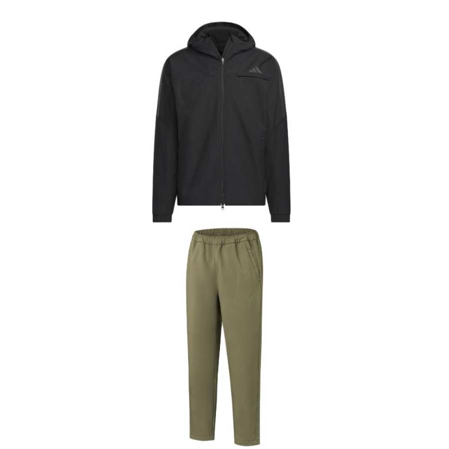 Adidas Adidas Casual Sportswear Men's Set Black Top+Olive Green Bottom Hooded Moderate