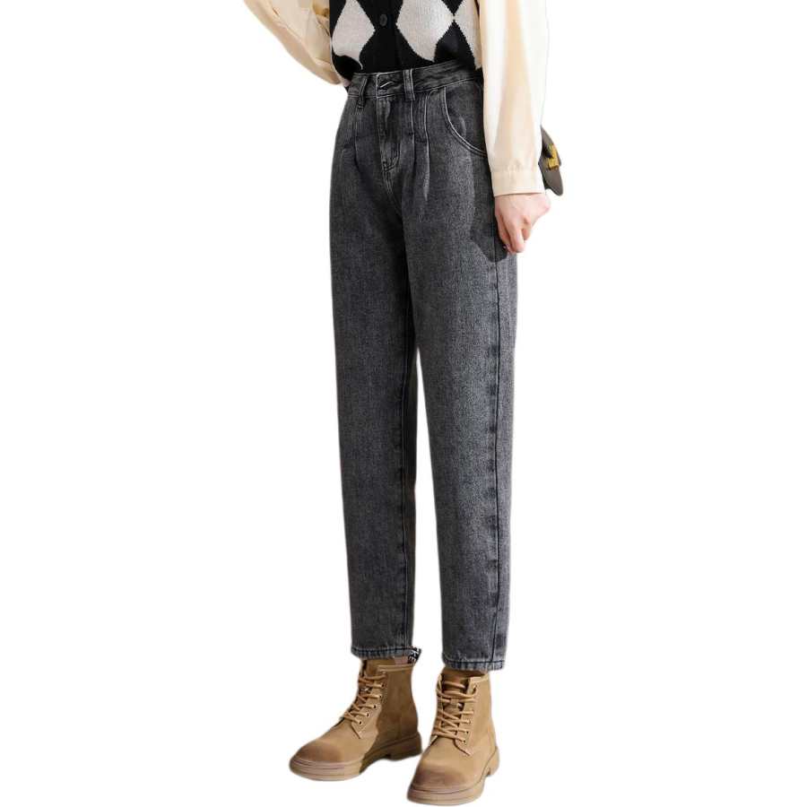 Tonlion Jeans Women's Black Gray Color Thickened And Fleece Lined Harem Pants