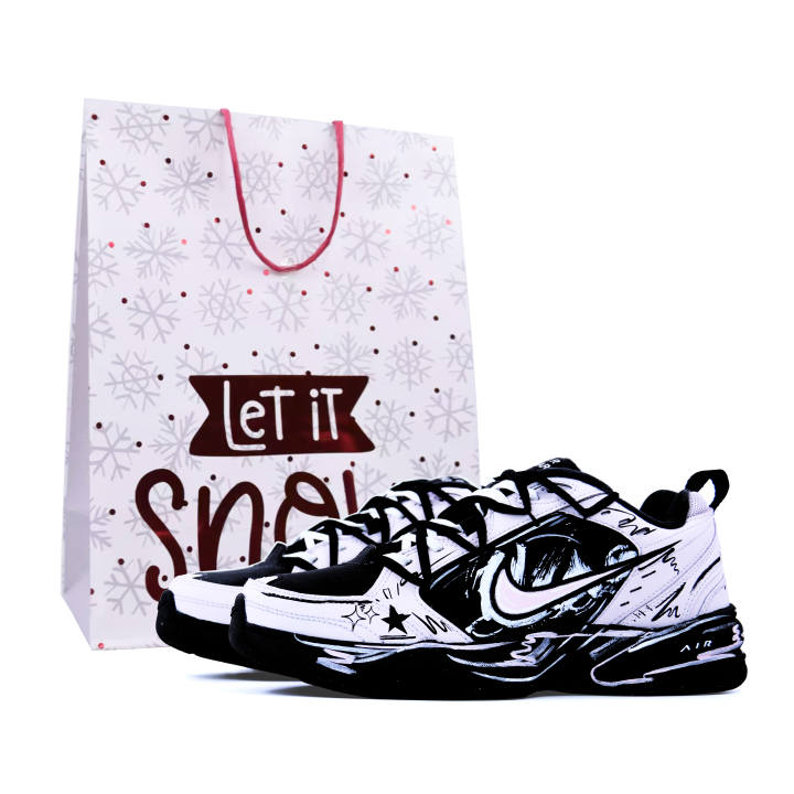 Nike Nike Air Monarch 4 Christmas Shopping Bag, Graffiti Fantasy Height Increasing Low top Chunky Sneakers Unisex Pink Black