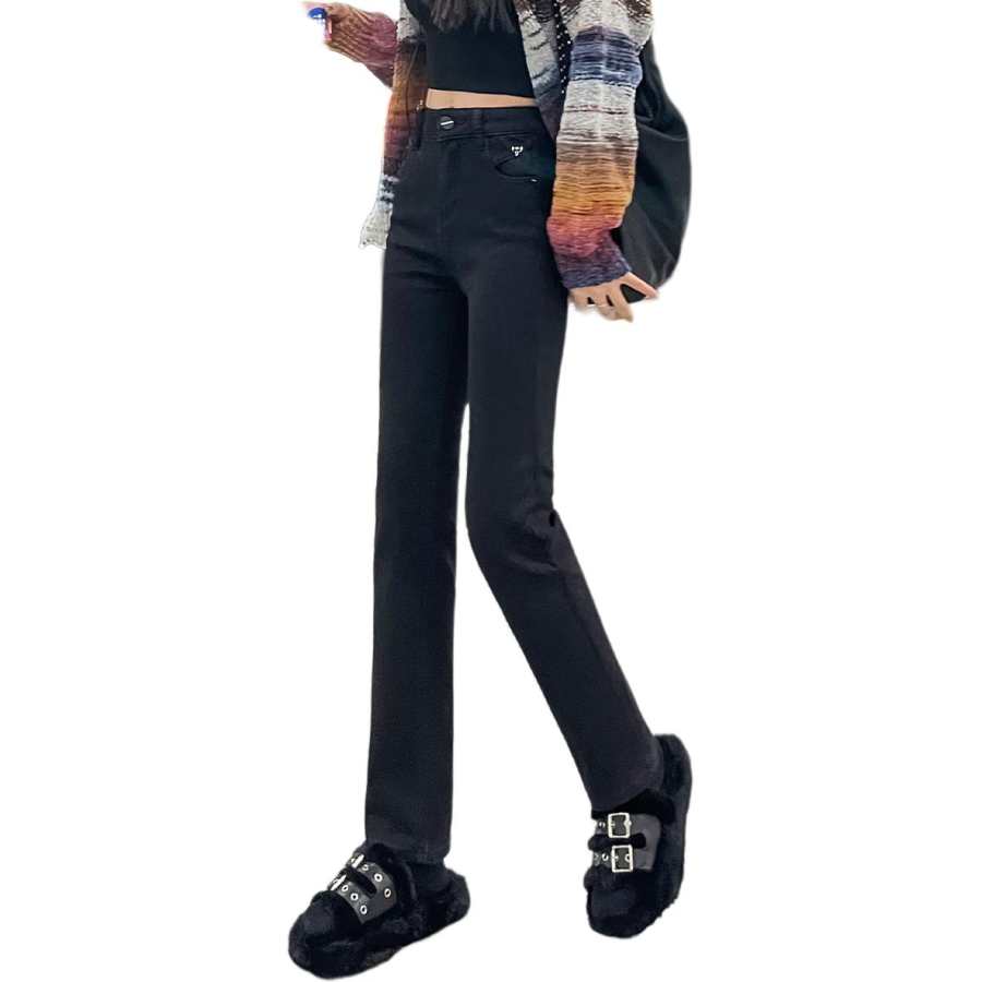 Tonlion Jeans Women's Black Thickened And Fleece Lined Straight Fit Pants