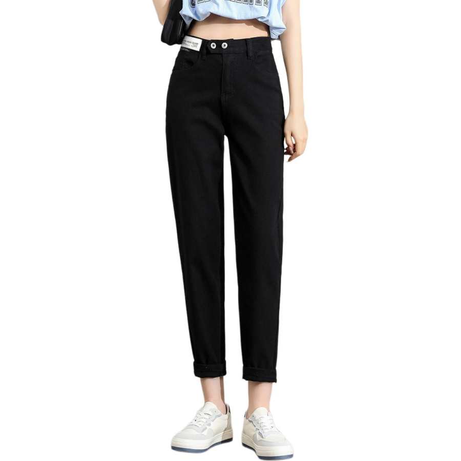 Tonlion Jeans Women's Black Thickened And Fleece Lined Straight Fit Pants