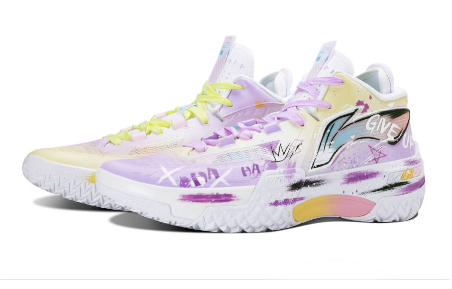 Li-Ning Li Ning Jie Ao Slip Resistant Abrasion Resistant Mid top Basketball Shoes Men's Mismatched Purple Yellow