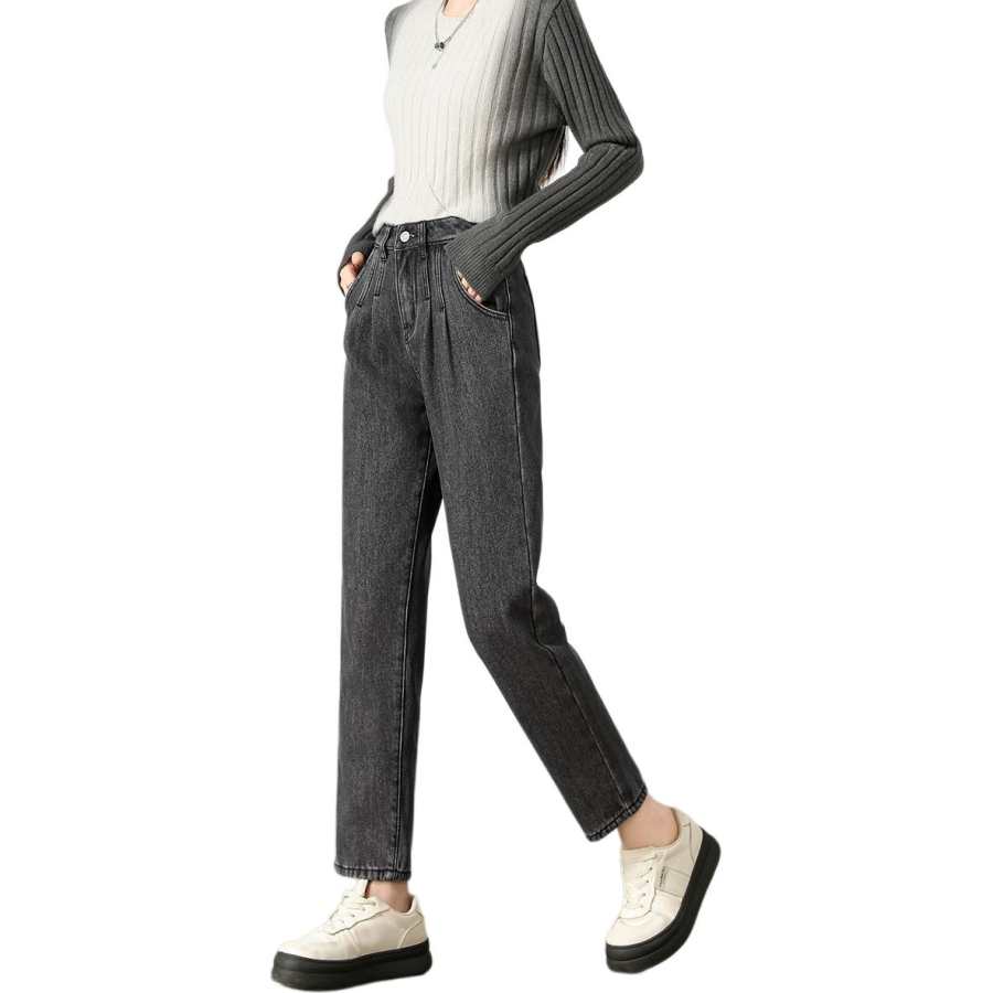 Tonlion Jeans Women's Black Gray Color Thickened And Fleece Lined Harem Pants