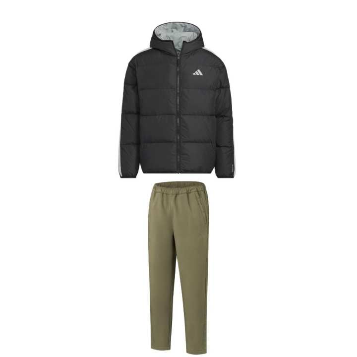 Adidas Adidas Casual Sportswear Men's Set Black Top+Olive Green Bottom Hooded Moderate