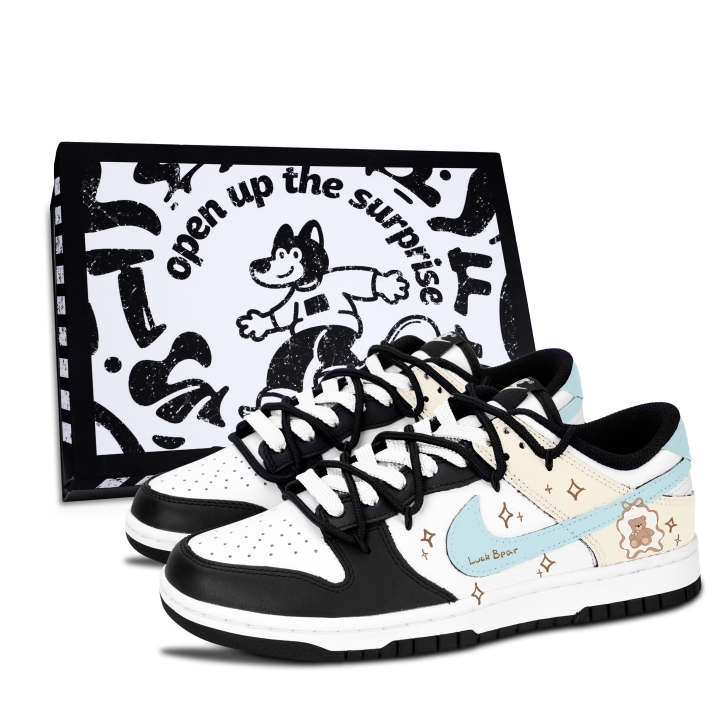 Nike Nike Dunk Black White, Lucky Bear Abrasion Resistant Abrasion Resistant Low top Skateboard Shoes Unisex Beige Blue