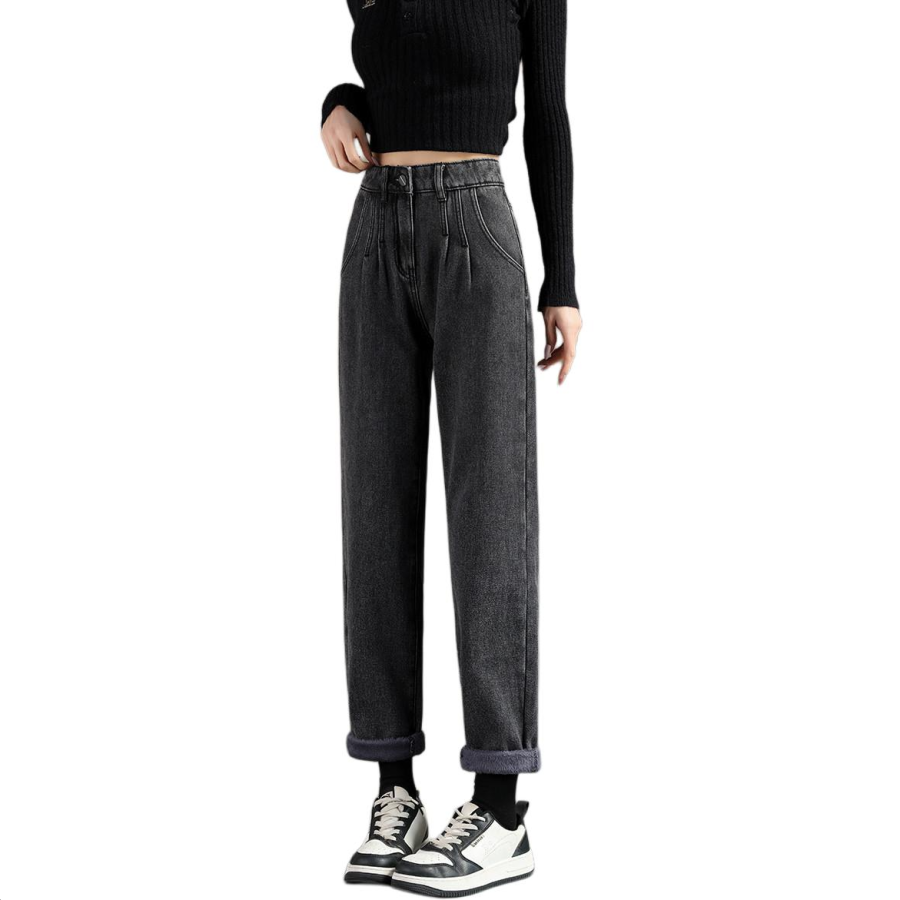 Tonlion Lining Added Cold Resistant Thermal Dad Style Loose Fit Slimming Thickened And Fleece Lined Harem Pants Jeans
