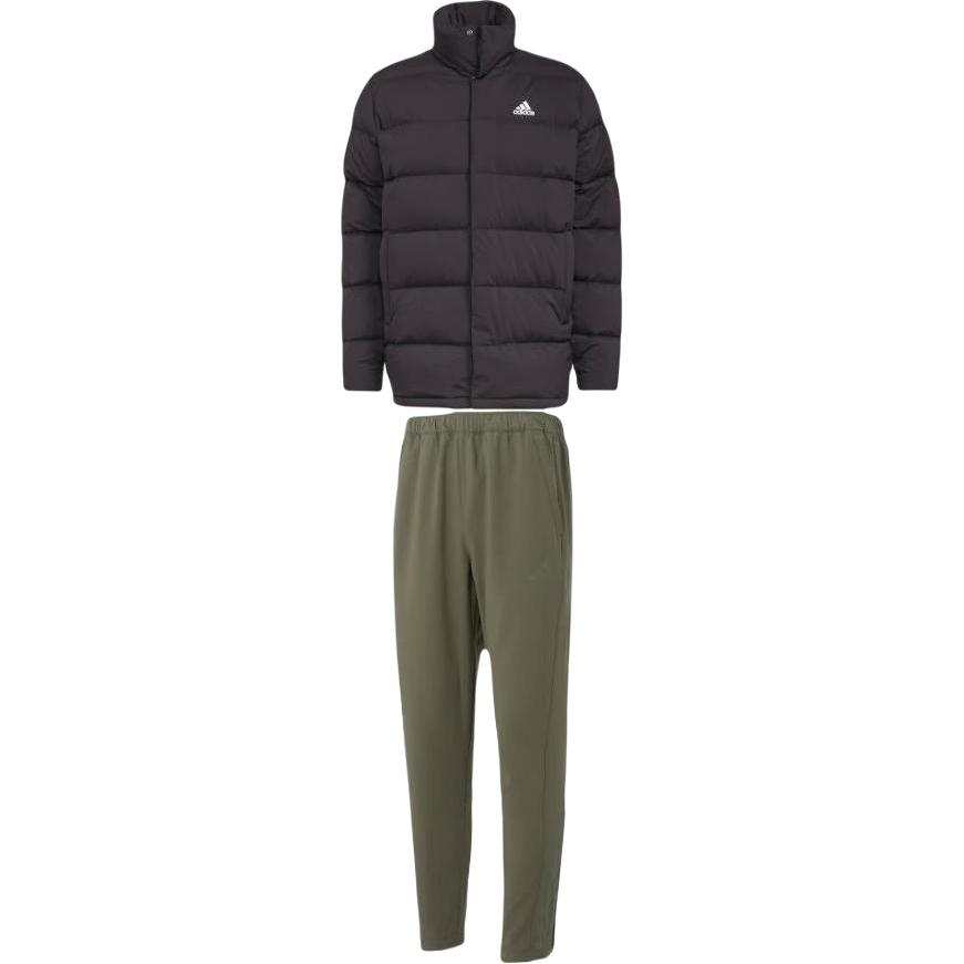 Adidas Adidas Casual Sportswear Men's Set Black Top+Olive Green Bottom Stand Collar Moderate