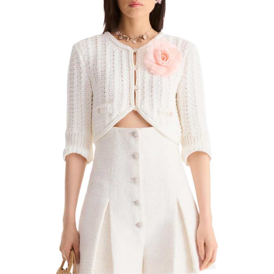CHANEL Sweaters Women's White Crew Neck Moderate Cardigan