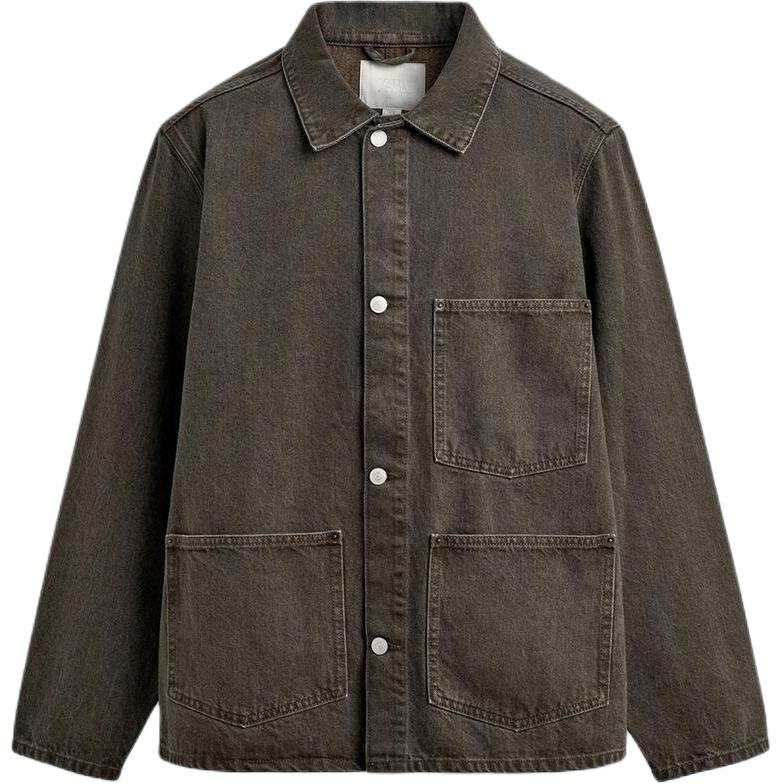 ZARA Denim Jackets Men's Dark Khaki Lapel Moderate