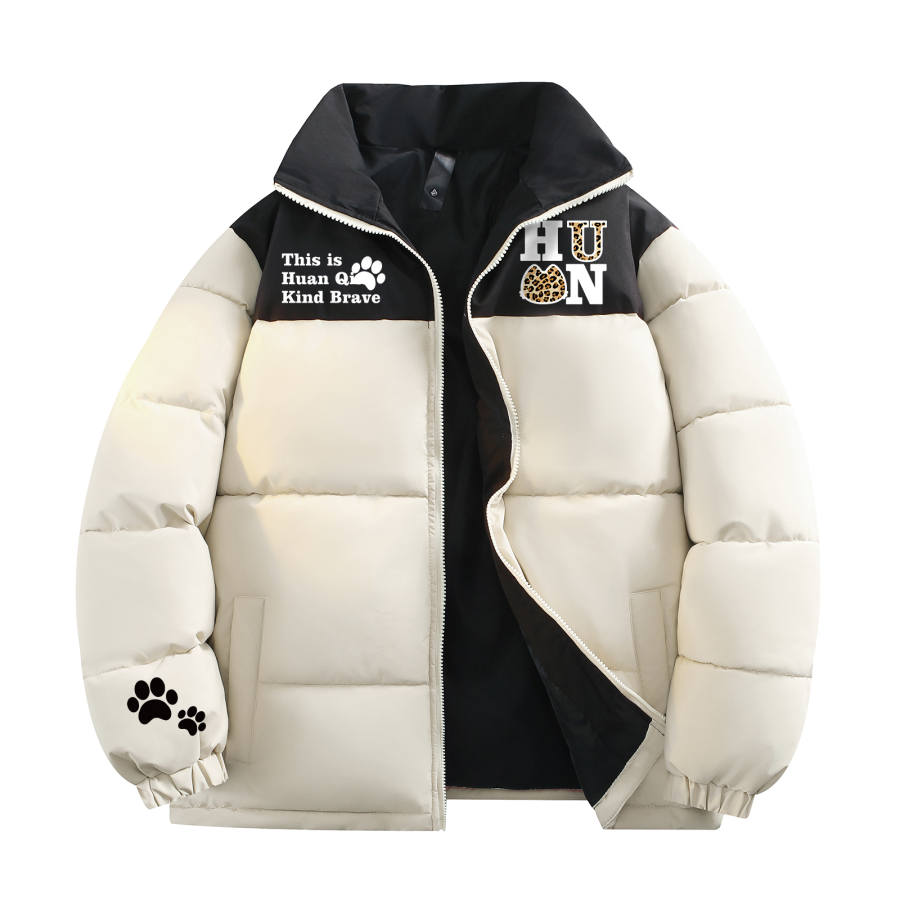 HUANQIU Puffer Jackets Unisex Stand Collar Thickened Patchwork Puffer Jacket