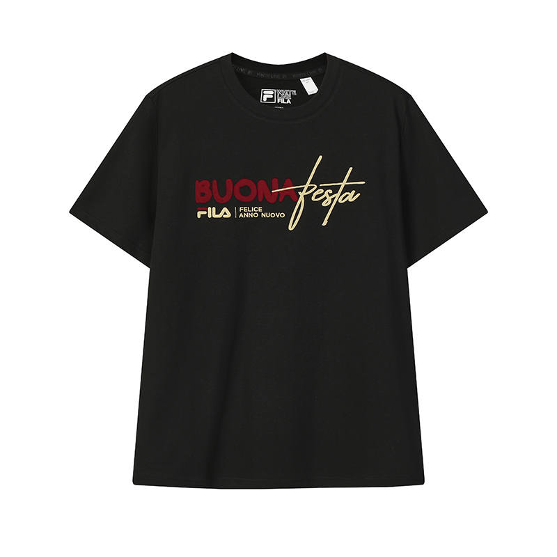 FILA CNY T Shirts Unisex Jet Black Crew Neck Moderate