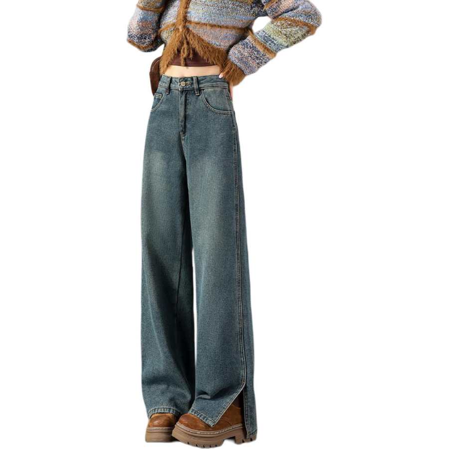 Tonlion Jeans Women's Vintage Blue Thickened And Fleece Lined Wide Leg Pants
