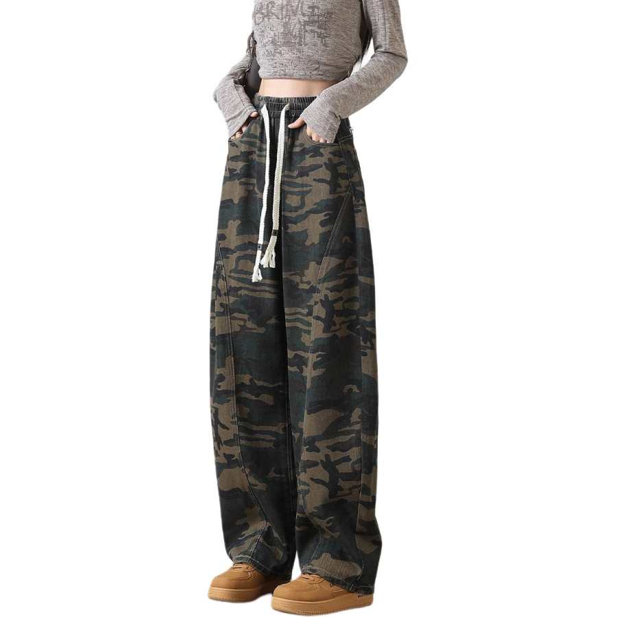 Tonlion Jeans Women's Green Camouflage Moderate Wide Leg Pants
