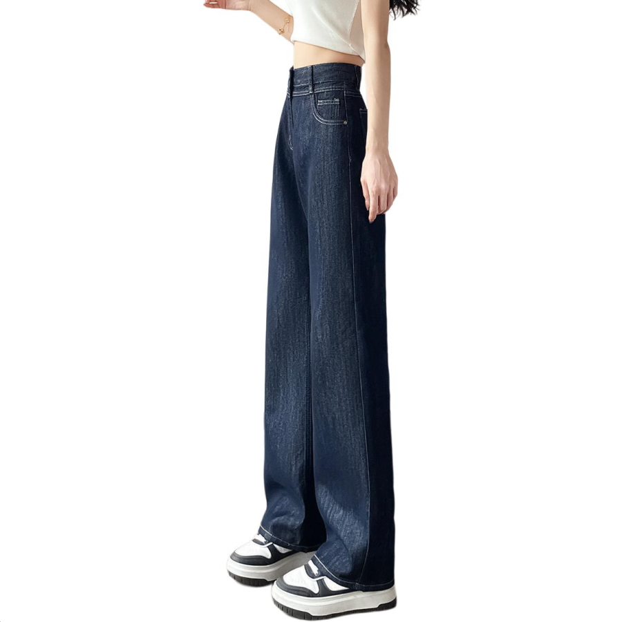 Tonlion Jeans Women's Dark Blue Thickened And Fleece Lined Straight Fit Pants