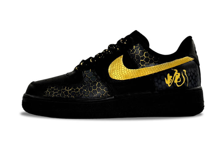 Nike Nike Air Force 1 Black Gold Snakeskin Print Abrasion Resistant Low top Skateboard Shoes Unisex Black
