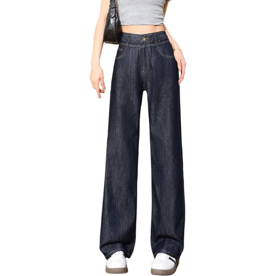 Tonlion Jeans Women's Dark Blue Thickened And Fleece Lined Straight Fit Pants