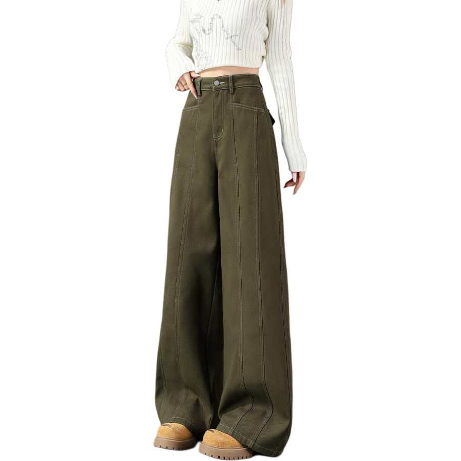 Tonlion Casual Pants Women's Army Green Thickened And Fleece Lined Wide Leg Pants