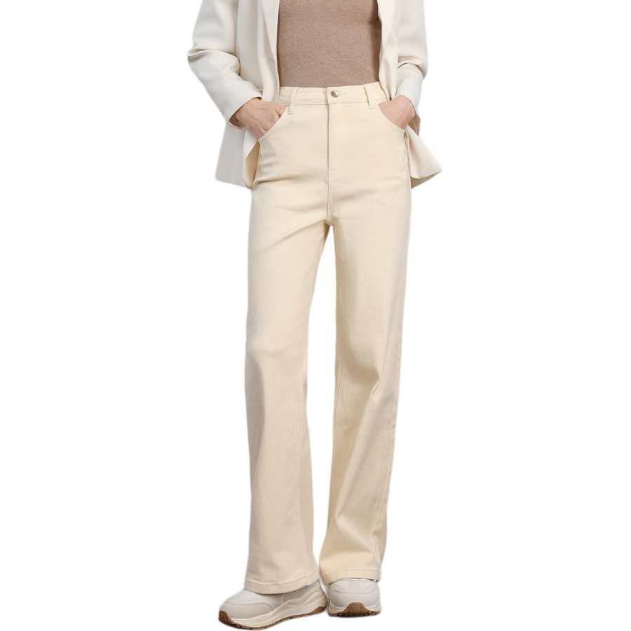 Tonlion Jeans Women's Ecru Thickened And Fleece Lined Straight Fit Pants