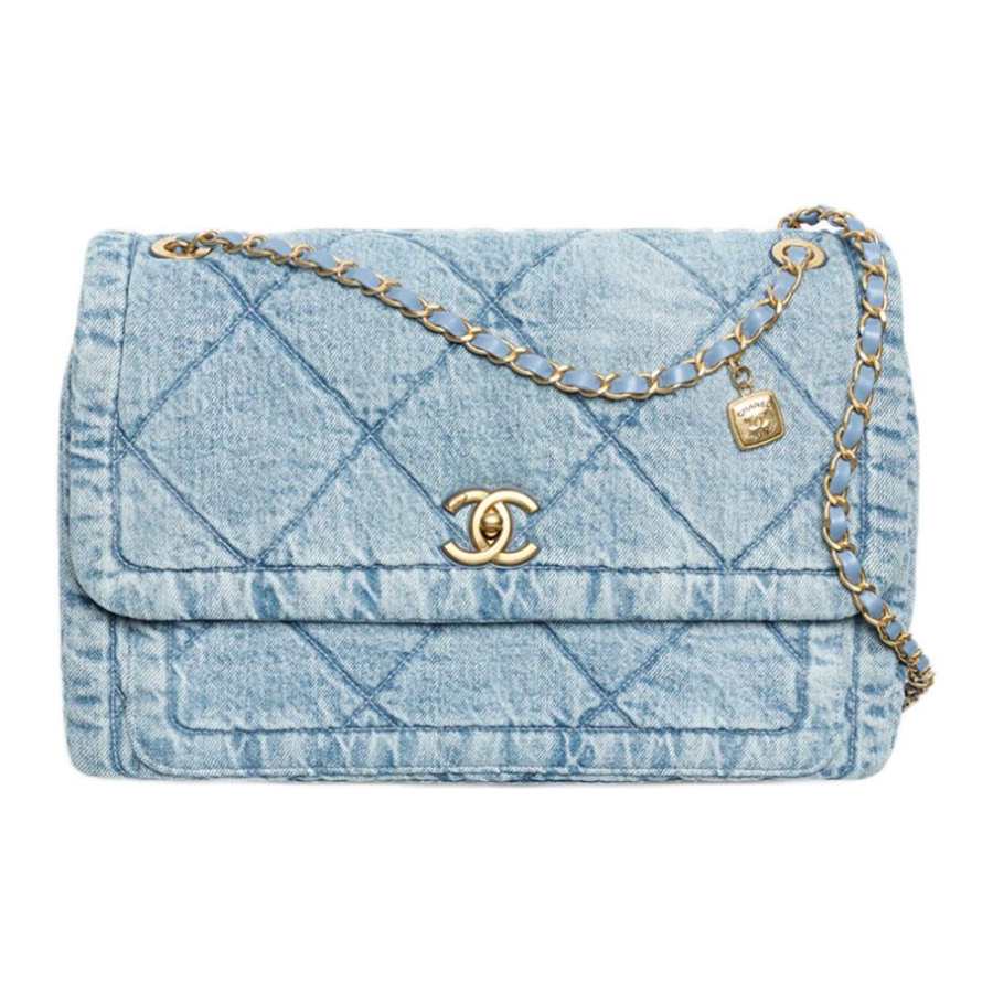 CHANEL Washed Denim Shoulder Bag Women's Blue