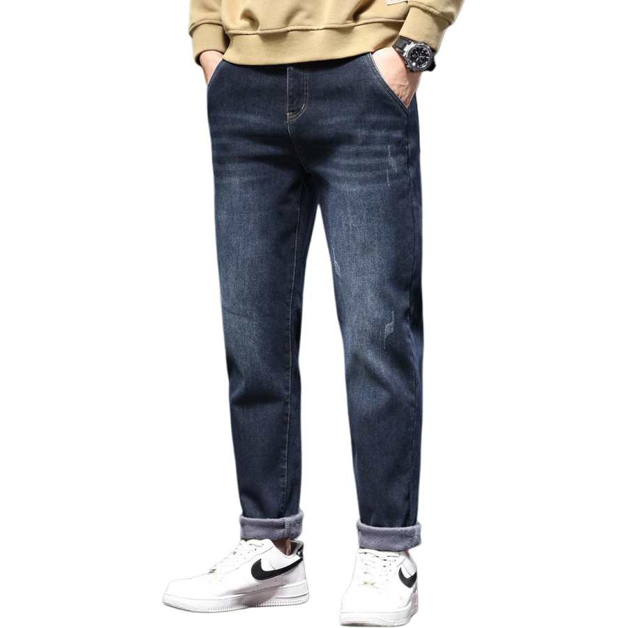 Tonlion Thickened And Fleece Lined Straight Fit Versatile Fashion Pants Cold Resistant Thermal Vintage Jeans Men's