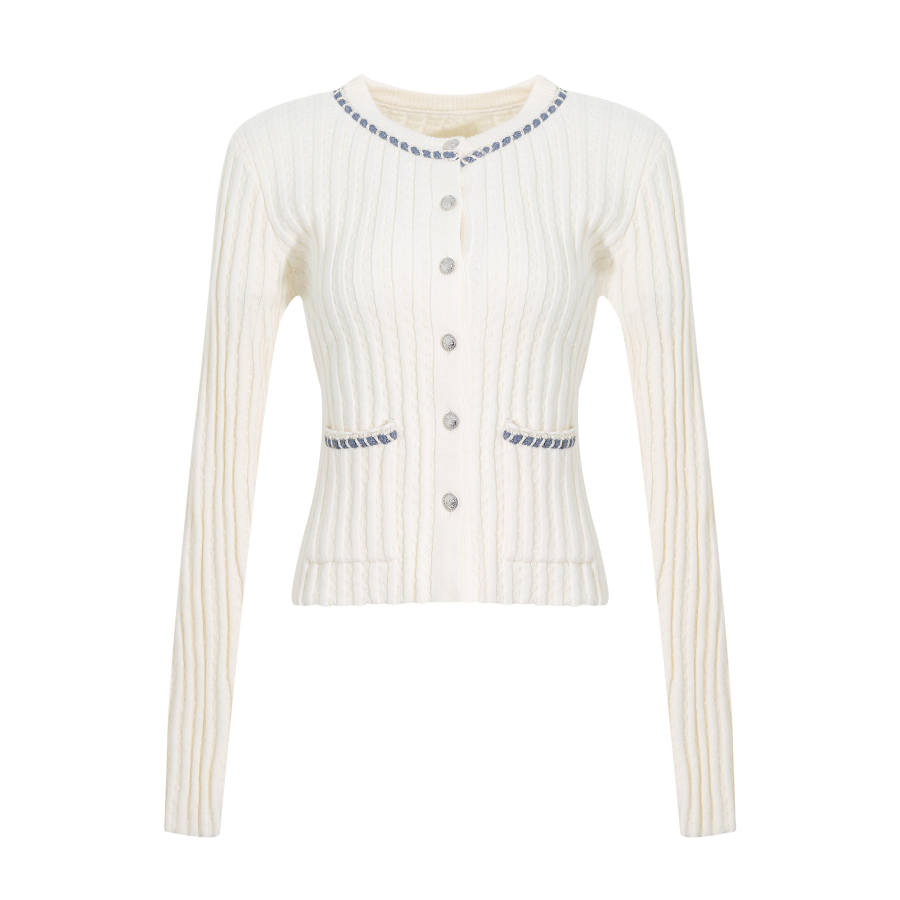 VENICEW Knitwear Women's White Knitwear Including VN Brand Sticker Crew Neck Moderate Cardigan