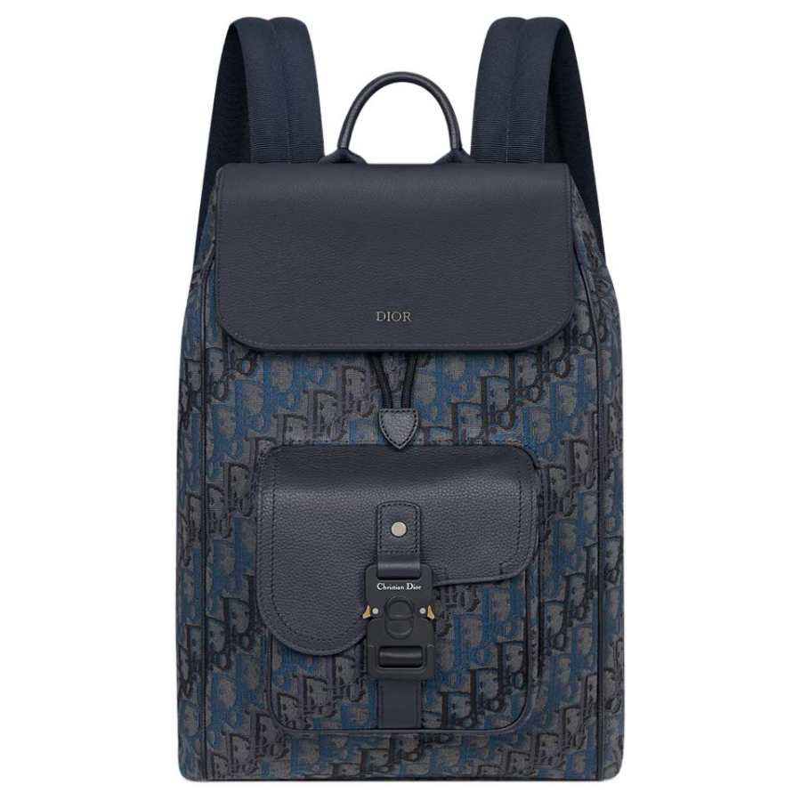 DIOR OBLIQUE Fabric With Cow Leather Backpack Women's Dark Blue