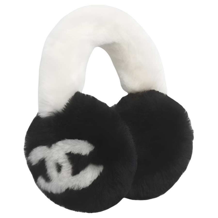 CHANEL Double Sided Shearling Sheepskin Earmuffs Unisex Black/Ivory