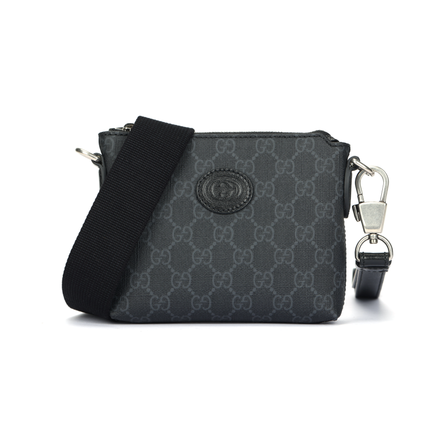 GUCCI Canvas With Leather Messenger Bag, Shoulder Bag, Crossbody Bag Men's Black