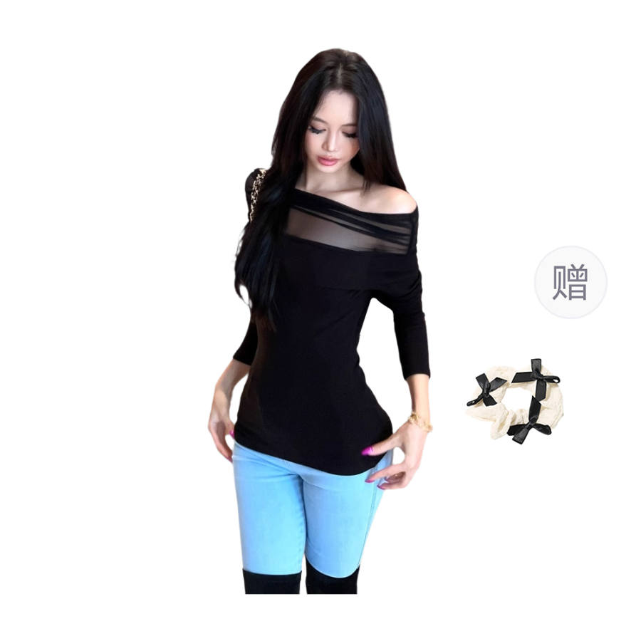 CPAURA Knitwear Women's Black+Hair Tie Comes With Boat Neck Moderate Base Layer