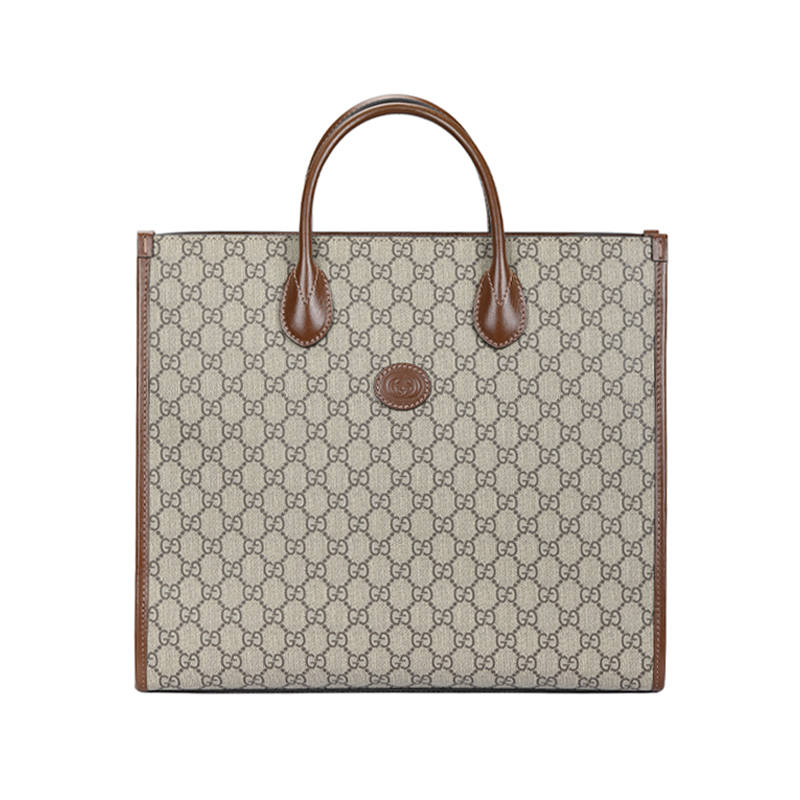 GUCCI Canvas With Leather Tote Bag, Shopping Bag, Shoulder Bag, Crossbody Bag, Handbag Medium Unisex Ebony & Brown